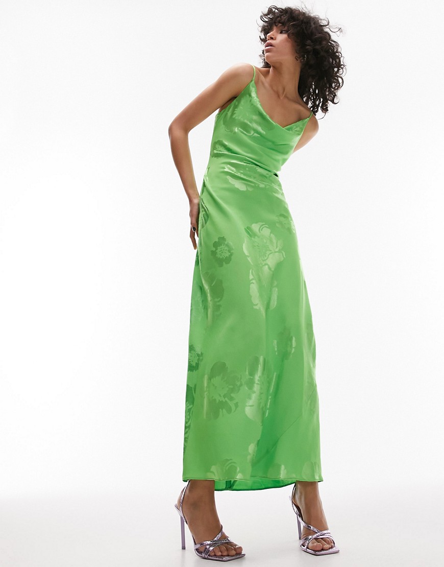 Topshop cowl neck cami slip maxi slip dress in green jacquard
