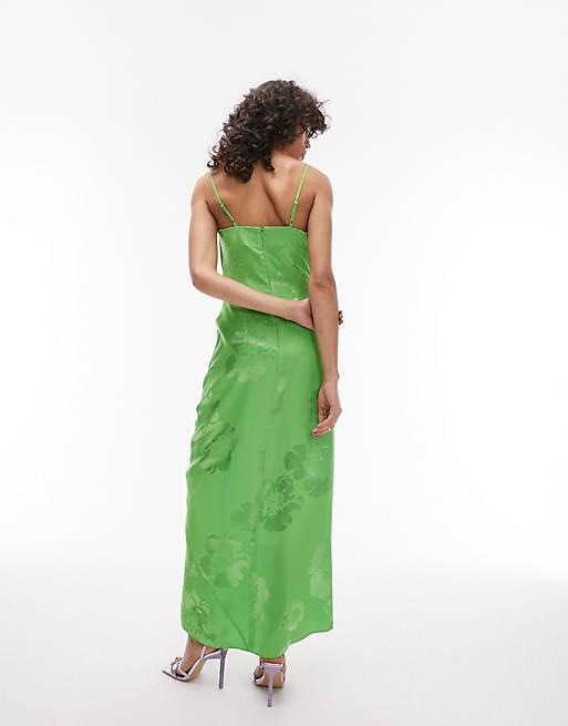 Topshop cowl neck cami slip maxi slip dress in green jacquard | ASOS