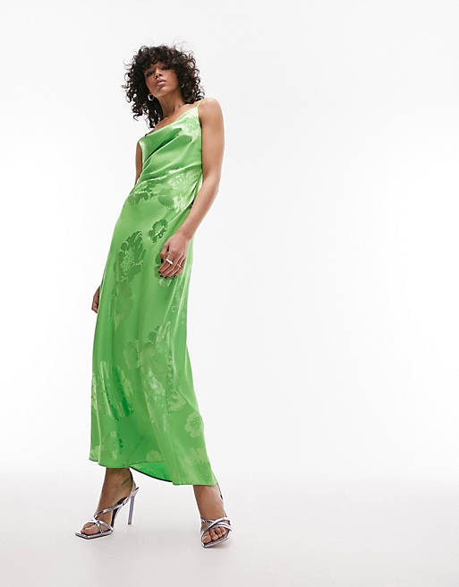 Topshop cowl neck cami slip maxi slip dress in green jacquard | ASOS