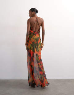 Model wearing Cowl neck dropped hem maxi dress in abstract blur