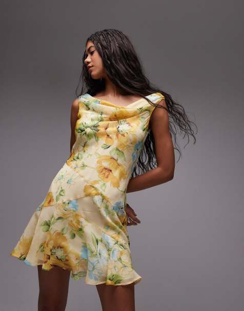 Topshop cowl neck full hem mini tea dress in lemon floral - view 1