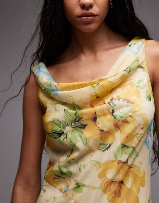 Topshop cowl neck full hem mini tea dress in lemon floral