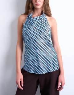 Cowl neck halter top in blue and brown stripe