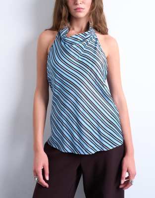 cowl neck halter top in blue and brown stripes-Multi