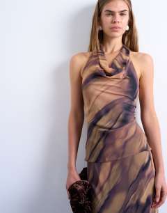 Cowl neck halter top in woodgrain