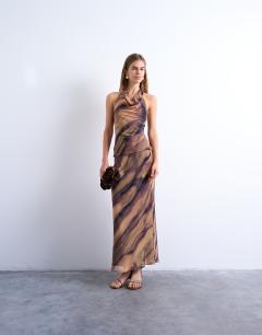 Model wearing Cowl neck halter top in woodgrain