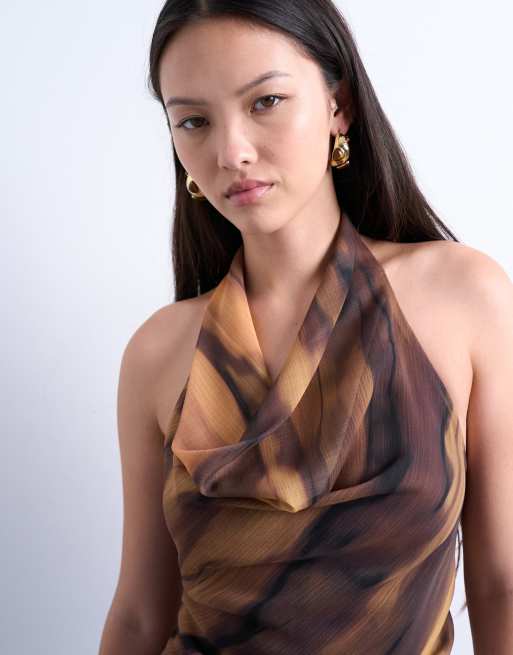 Topshop cowl neck halter top in woodgrain, 3 of 4