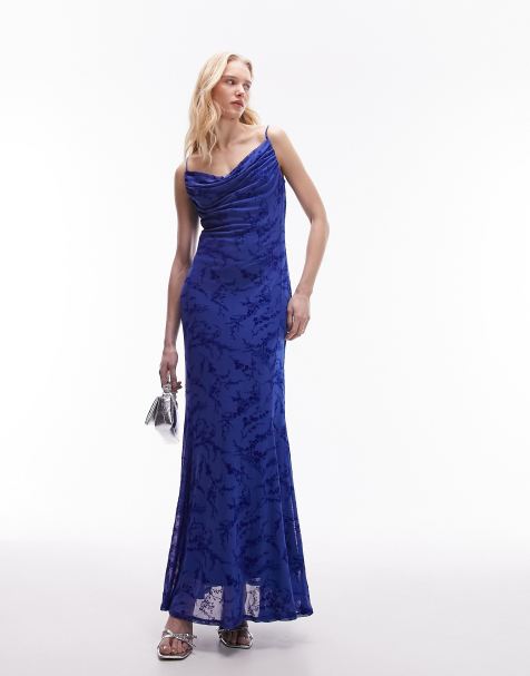 Topshop  cowl neck jacquard maxi slip dress in blue floral