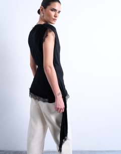 Cowl neck lace trim top in black