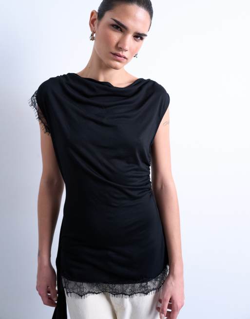 Topshop cowl neck lace trim top in black, 2 of 4