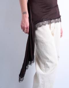 Model wearing Cowl neck lace trim top in chocolate