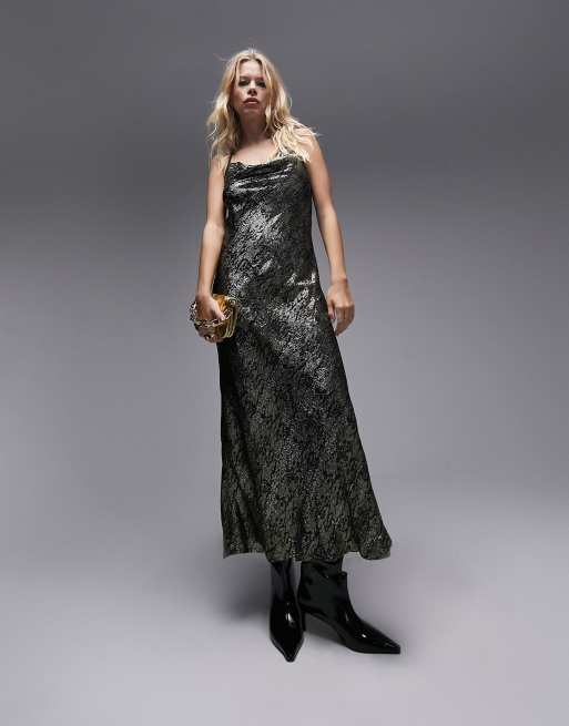 Cowl Neck Metallic Foiled Maxi Slip Dress