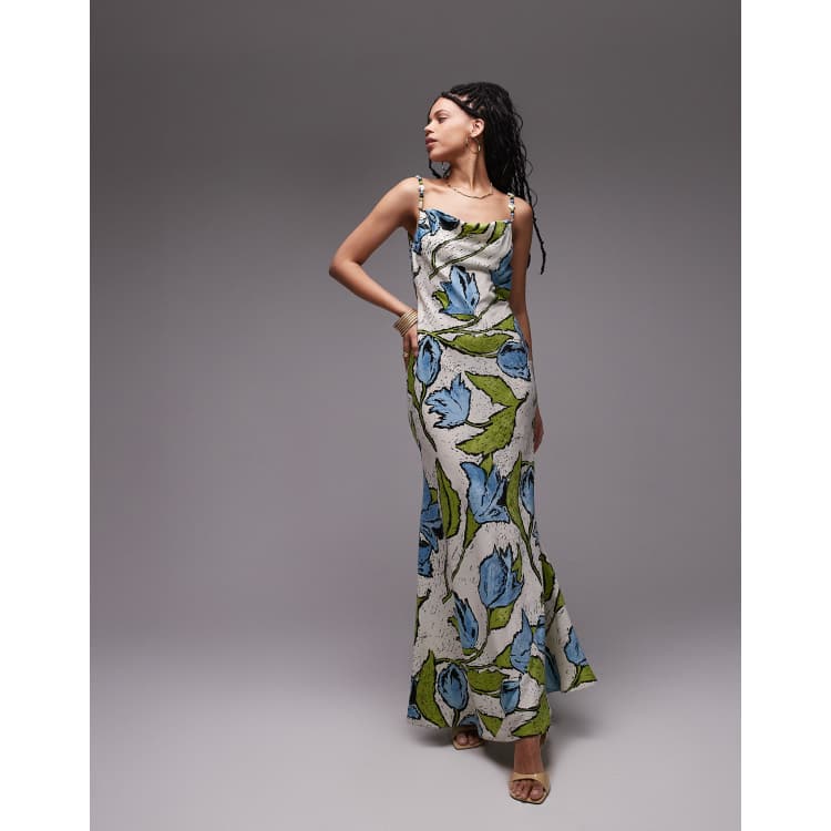 floral cowl neck high slit slip midi dress Floral Cowl Neck High Slit Slip Midi Dress main image 1