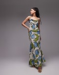 [Topshop] Topshop cowl neck midi slip dress with beaded straps in green blue floral-Multi 14 MULTI