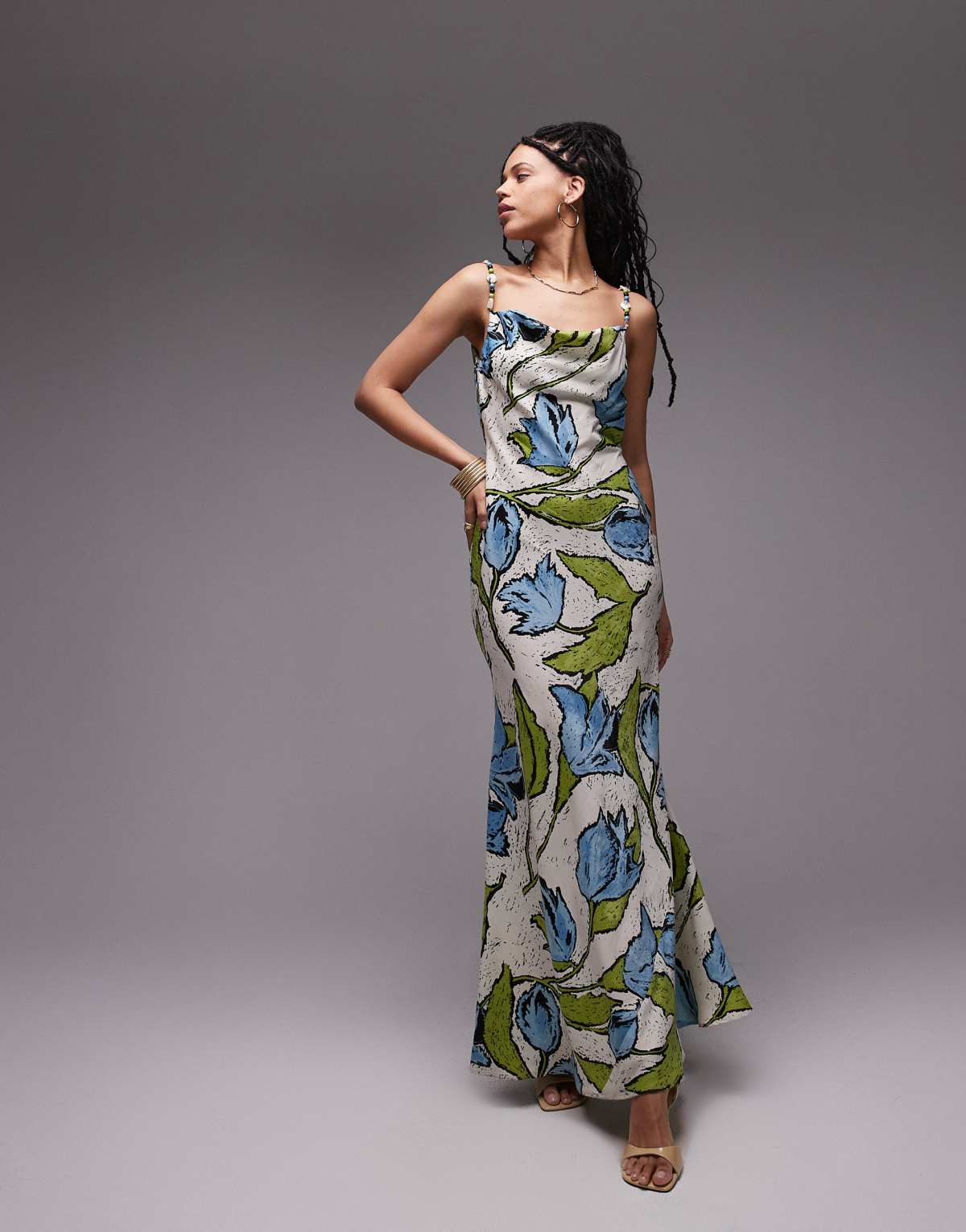 Topshop cowl neck midi slip dress with beaded straps in green blue floral
