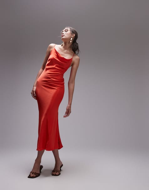 Topshop cowl neck scoop back midi dress in red - view 1