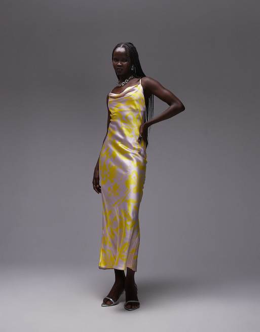 Topshop Cowl Neck Slip Midi Dress in Pink and Yellow Floral Print