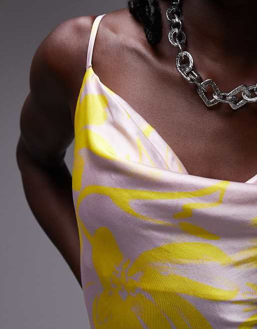 topshop cowl neck satin midi dress Topshop cowl neck slip midi dress in pink and yellow floral print
