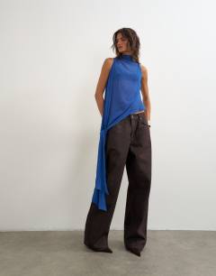 Model wearing Cowl neck tie knot drape top in colbalt blue