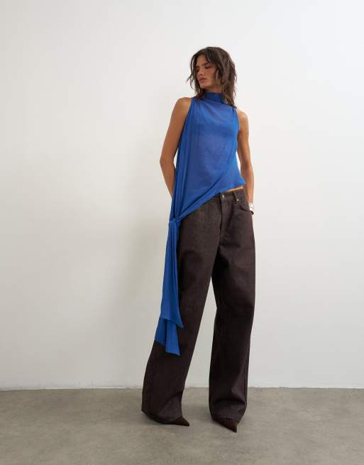 Topshop cowl neck tie knot drape top in colbalt blue, 2 of 4