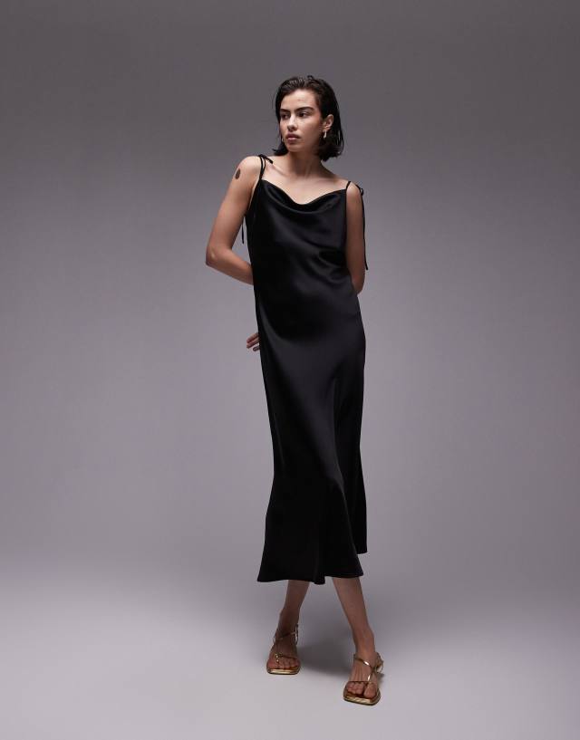 Topshop - cowl neck tie shoulder midi slip dress in black