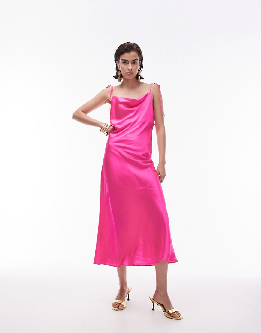 cowl neck tie shoulder midi slip dress in fuchsia-Pink