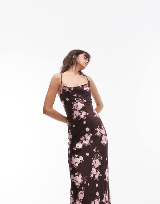 Topshop cowl slip midi dress in burgundy floral print | ASOS
