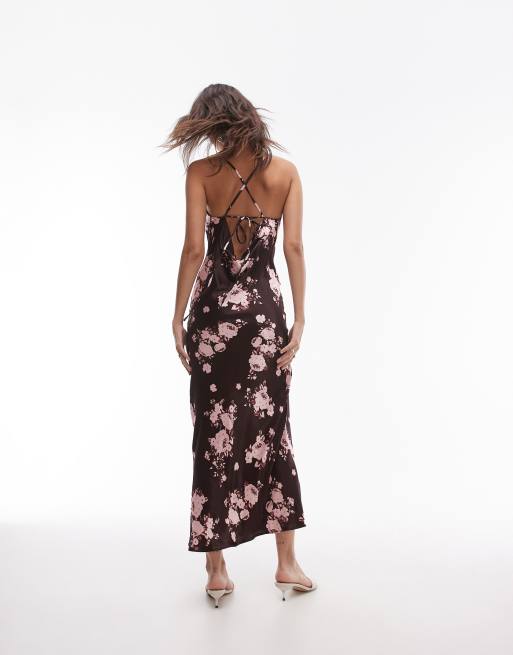 Topshop cowl slip midi dress in burgundy floral print ASOS