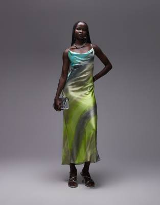 Topshop cowl slip midi dress in green tie dye print | ASOS