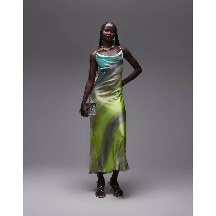 Topshop cowl slip midi dress in green tie dye print | ASOS