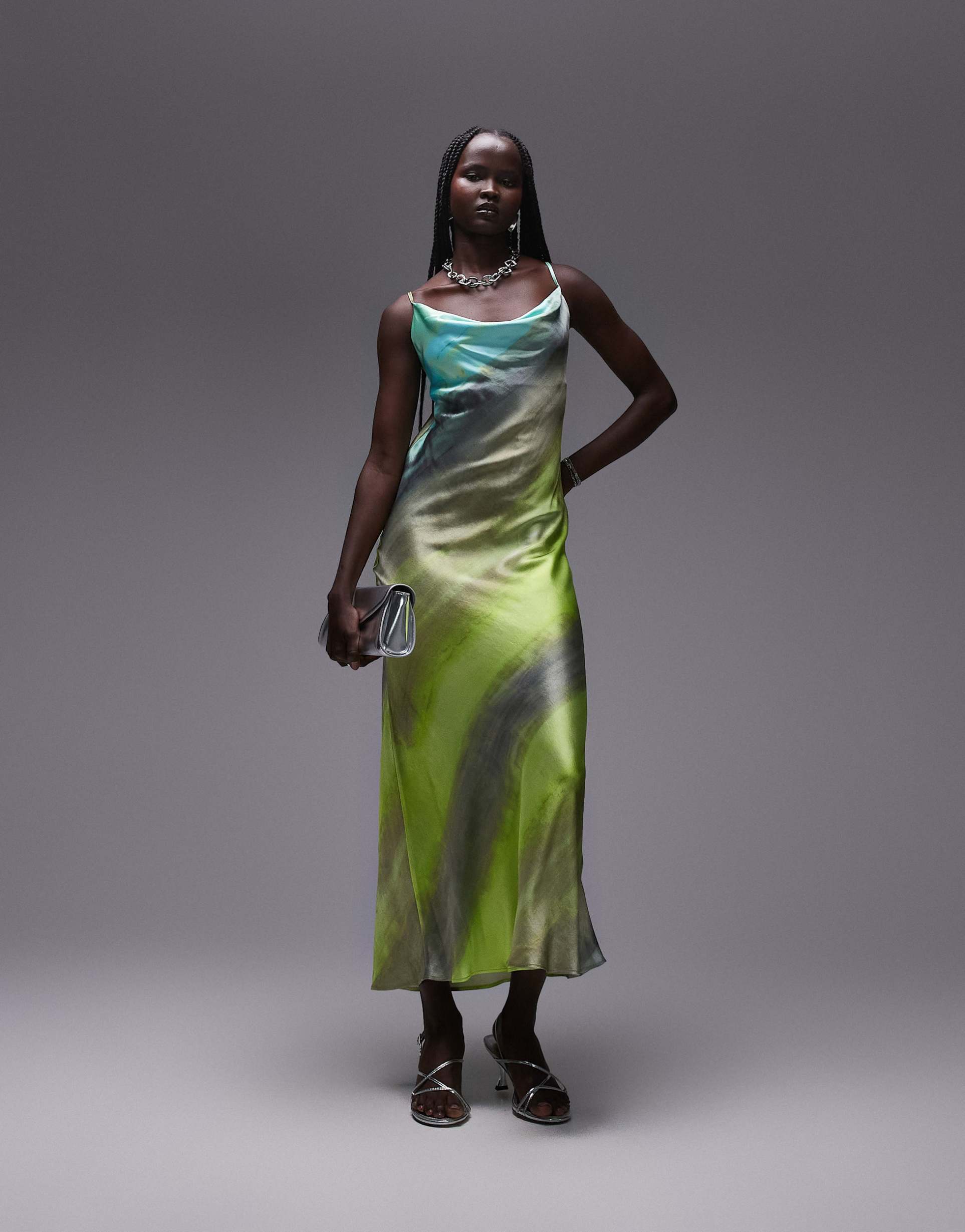 topshop cowl slip midi dress in green tie dye print