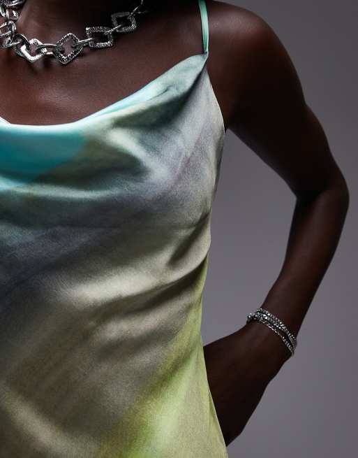 Topshop cowl slip midi dress in green tie dye print ASOS - Main Image