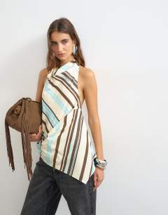 Model wearing Cowl tie detail top in chocolate stripe