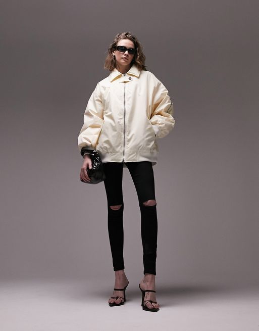 Topshop - Cremefarvet bomber-jakke med oversized krave