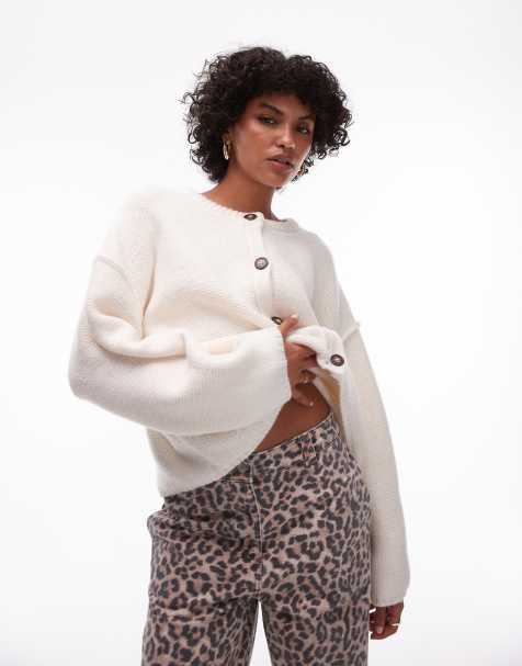 Topshop - Cremefarvet, enkel, afslappet og strikket cardigan med synlige syninger og rund hals - view 1