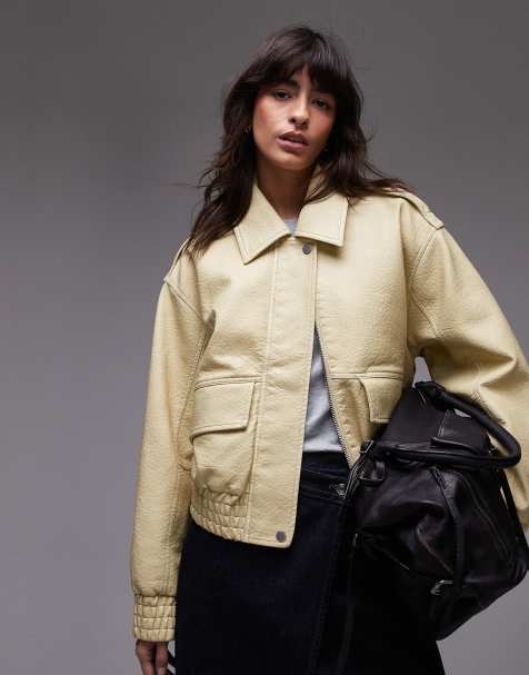Topshop - Cremefarvet og kort bomber-jakke i imiteret læder med ballondesign - view 1