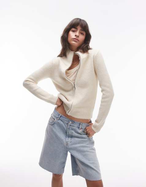 Topshop - Cremehvid cardigan med gennemgående lynlås i vamset strik - view 1