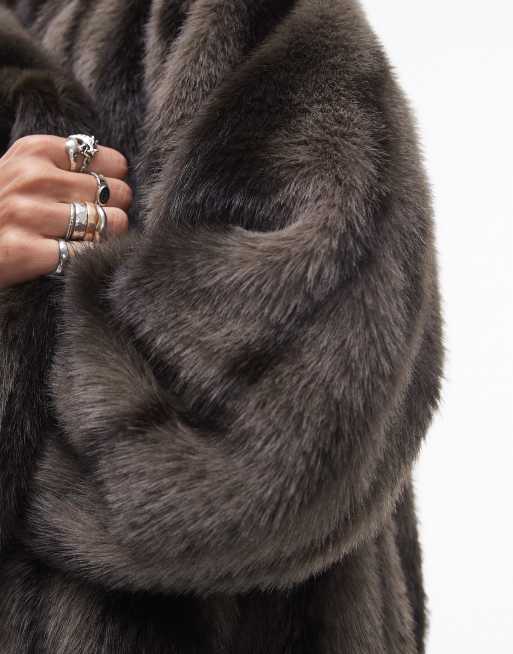 Topshop - Cremehvid og brun midifrakke i imiteret pels, 3 af 4