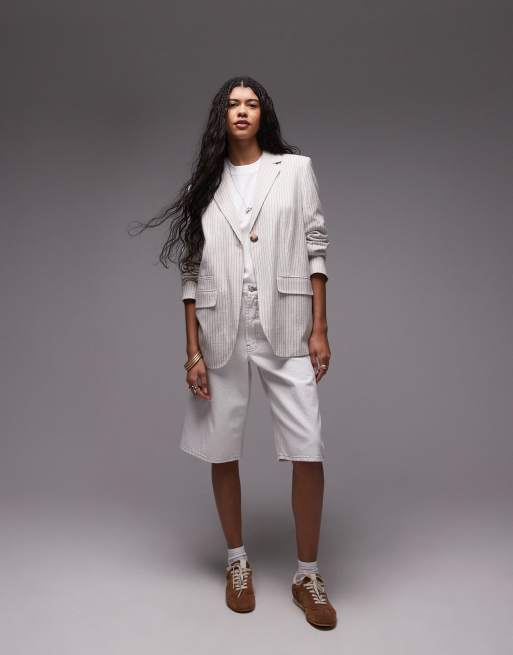 Topshop - Cremehvidt jakkesæt med nålestriber i hør i 3 dele