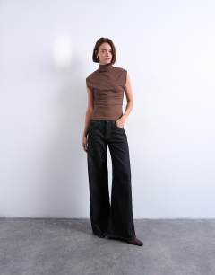 Model wearing Crepe high neck sleeveless tank in brown