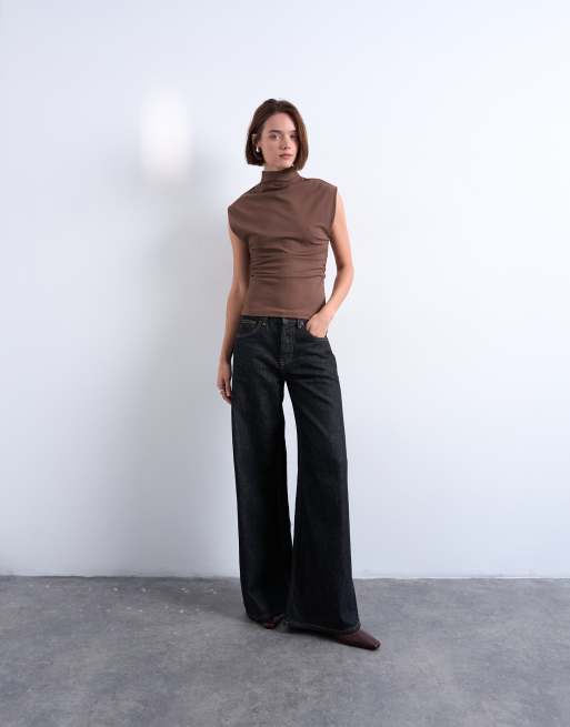 Topshop crepe high neck sleeveless tank in brown, 2 of 4