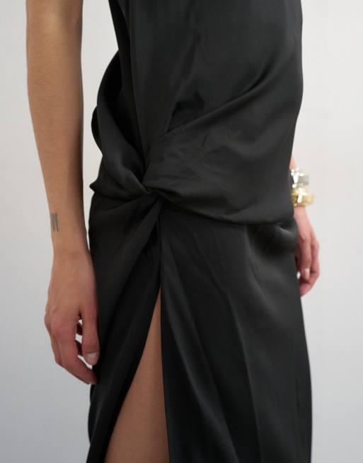 Topshop crepe sleeveless twist side maxi dress in black, 4 of 4