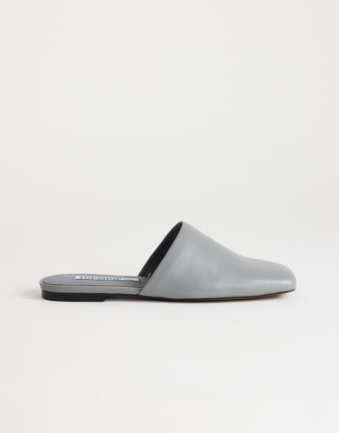 Topshop Cressida premium real leather square toe mules in grey - view 1
