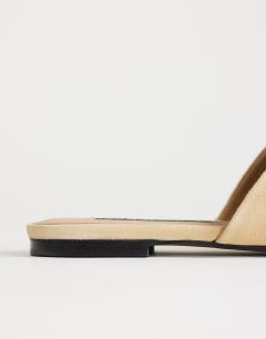 Model wearing Cressida premium real suede square toe mule in camel