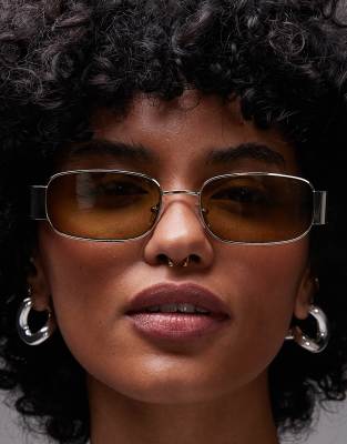 Topshop - Crete - Rechteckige Sonnenbrille aus goldfarbenem Metall mit grünen Gläsern