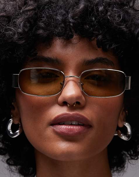 Topshop – Crete – Rechteckige Sonnenbrille aus goldfarbenem Metall mit grünen Gläsern - view 1
