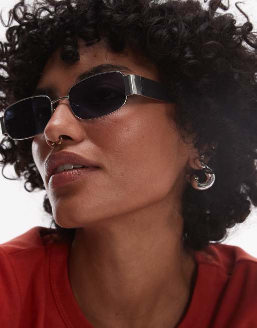 Topshop Crete rectangle metal sunglasses in matte silver, 3 of 3