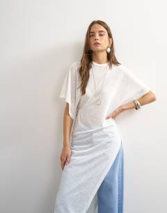 Model wearing Crew neck sheer longline split tunic in white