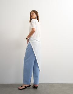 Model wearing Crew neck sheer longline split tunic in white