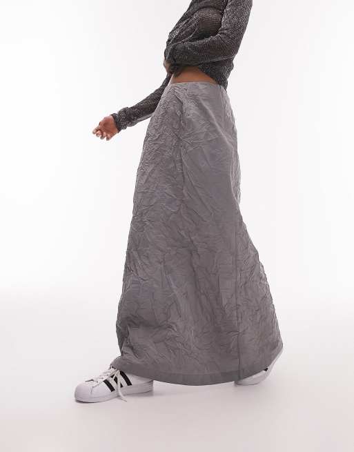 Topshop crinkle A line maxi skirt in gray